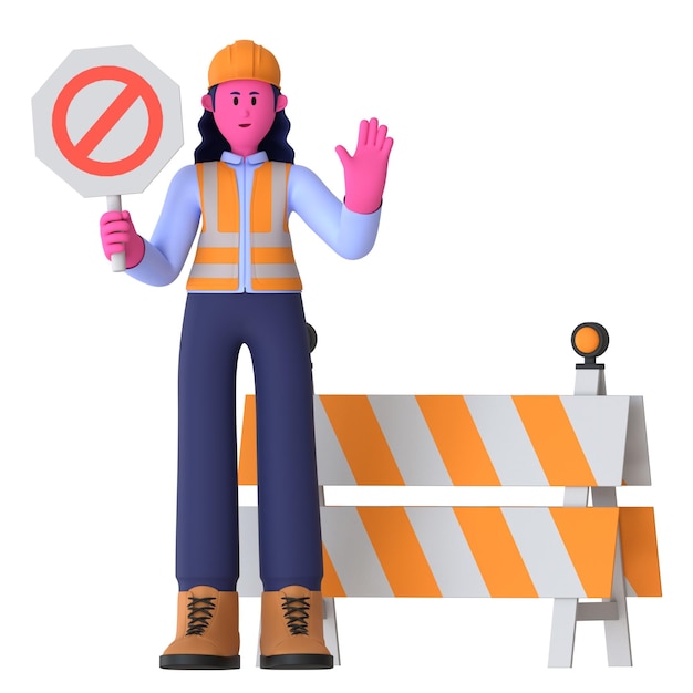Girl hold Sign Barrier Fence Construction Worker 3D