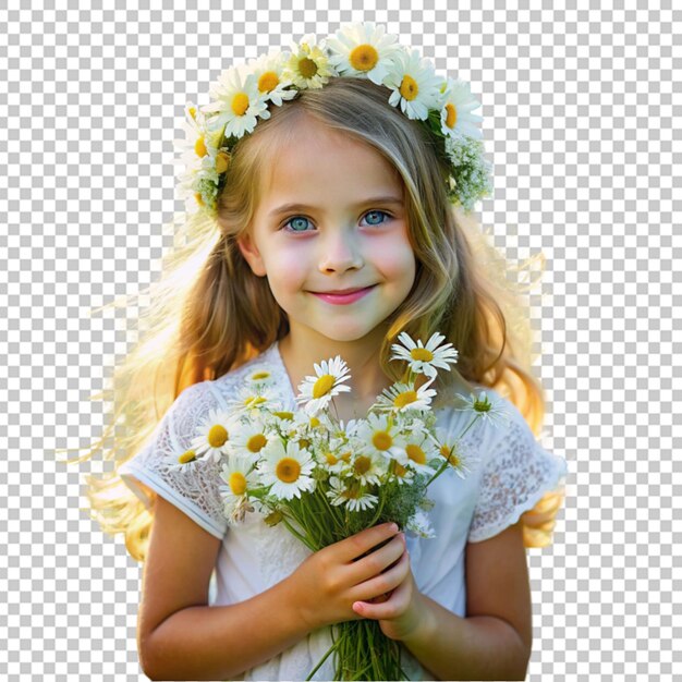 PSD a girl holding a bouquet of daisies flowers