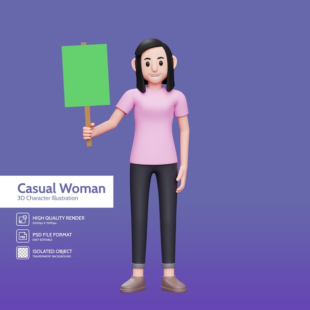 PSD girl holding green paper placard with right hand 3d character illustration casual woman