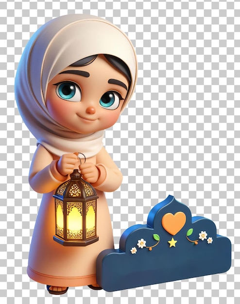 PSD girl holds a ramadan lantern isolated on transparent background