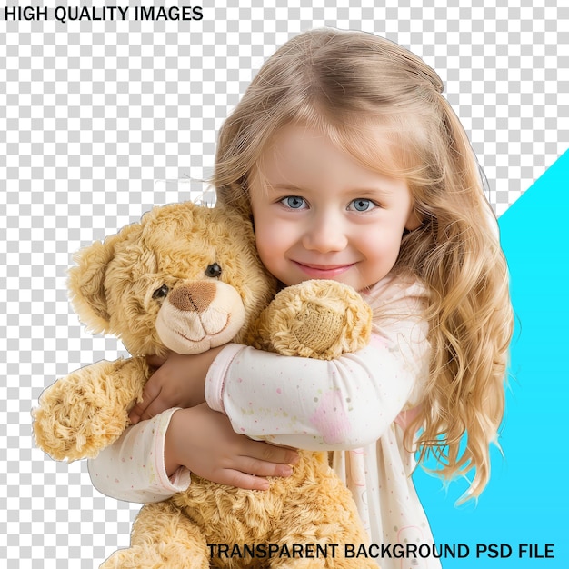 A girl hugging a teddy bear with a blue background behind her