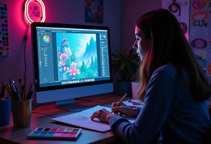 PSD a girl is sitting at a desk with a computer and a picture of a mountain on it