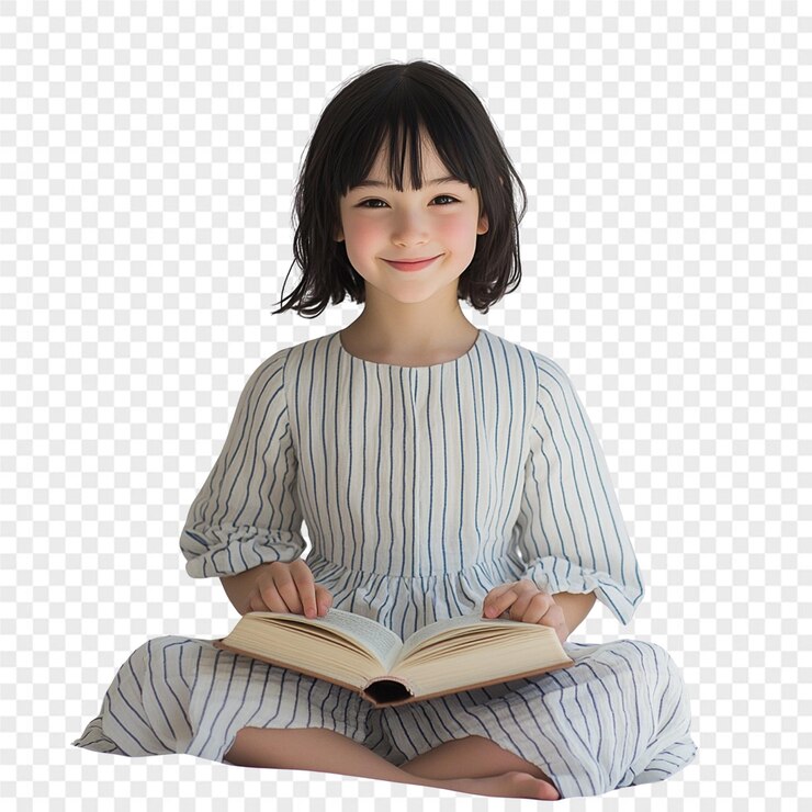 PSD 一個女孩坐在枕頭上讀著一本書