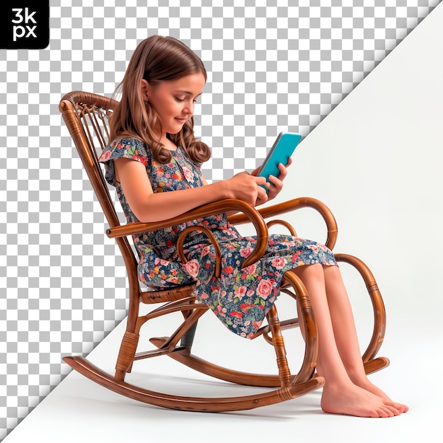 A girl is sitting in a rocking chair with a book on it