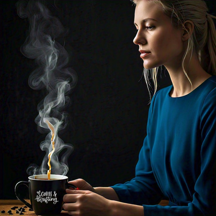 PSD a girl is sitting with a cup of coffee and a hot drink
