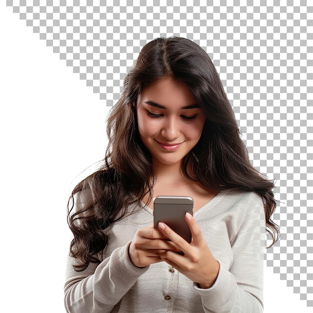 a girl is texting on a phone and smiling