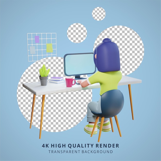 A girl is working in front of a computer high quality 3d render work from home illustration