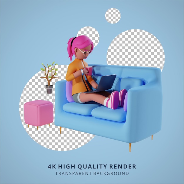 A girl is working with laptop on the sofa high quality 3d render work from home illustration