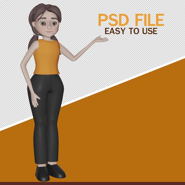 PSD girl isolated on white background hand pointing at empty space for advertising3d rendering