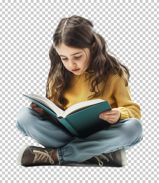 PSD girl kid reading book isolated on transparent background