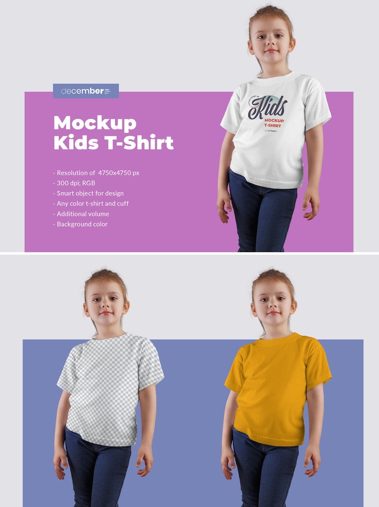 Girl Kids T-Shirt Mockups. Projekt jest łatwy w dostosowywaniu projektu obrazu (na koszulce), koloru koszulki, koloru tła