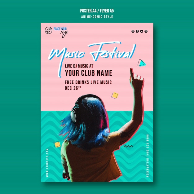 Girl listening to music festival poster template