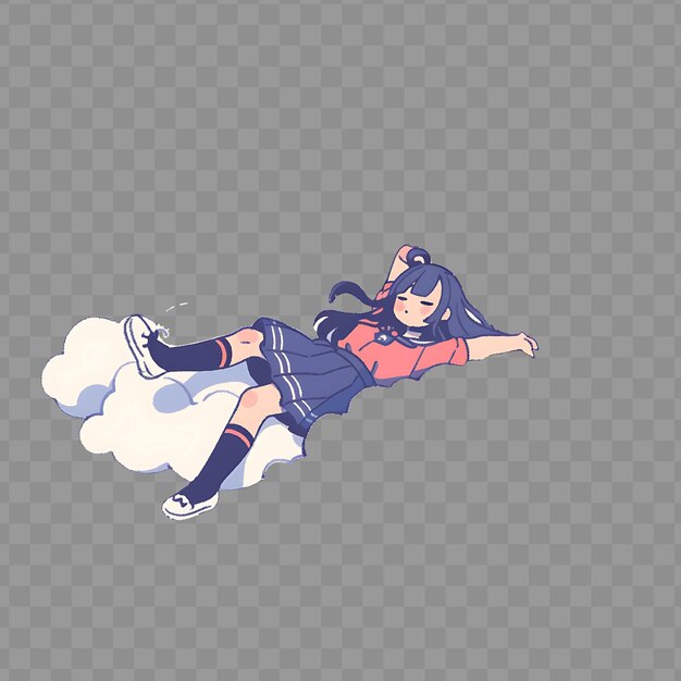 A girl lying on a cloud with a mouse on her head