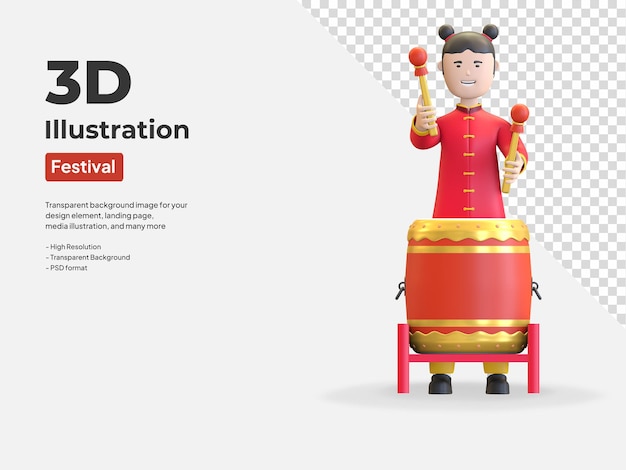 Девушка играет на барабане празднует фестиваль китайского нового года 3d визуализации иллюстрации