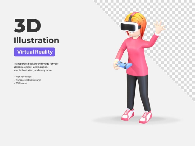 Девушка играет в игру с гарнитурой виртуальной реальности и джойстиком, иллюстрация к мультфильму 3d рендеринг