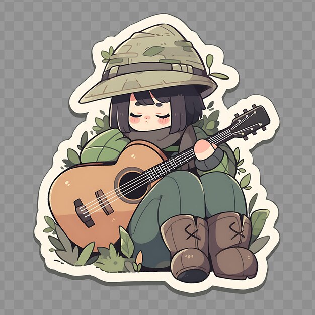 PSD a girl playing guitar and a guitar in a jungle of grass