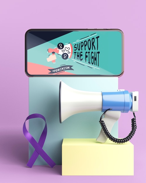 Girl power concept with phone mock-up and megaphone