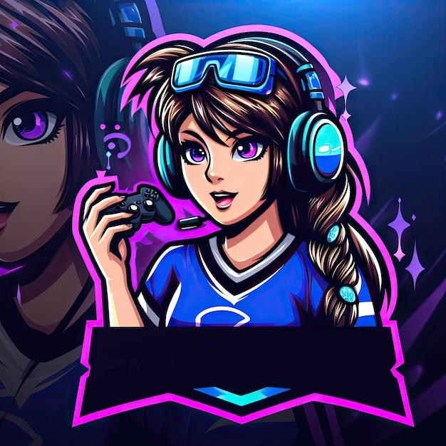 PSD girl pro gamer gedetailleerd esports gaming mascotte logo ontwerp