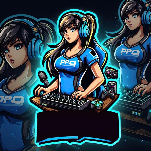 PSD girl pro gamer gedetailleerde esports gaming mascotte logo ontwerpen