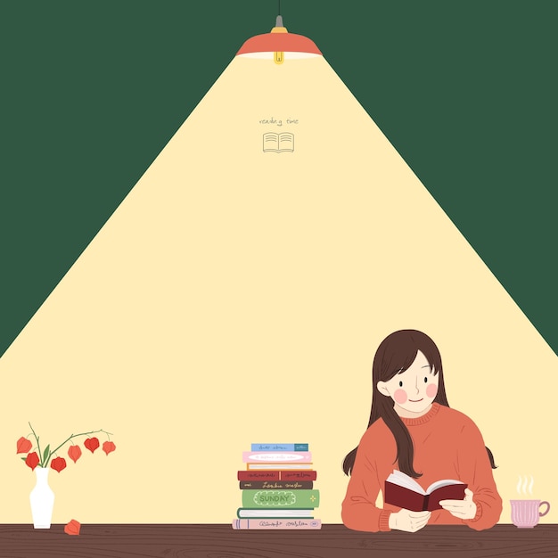 한 소녀가 그녀의 뒤에 벽에 인용 된 책을 읽고 있습니다.