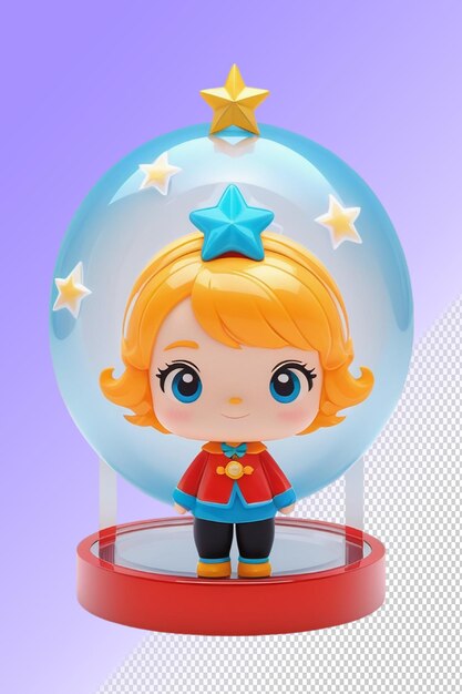 A girl in a red cape stands in front of a bubble with stars