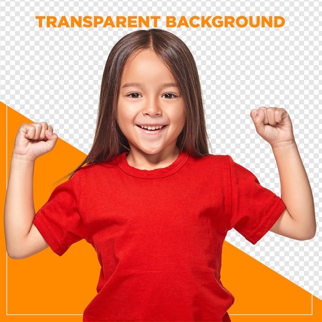 Girl in a red shirt making a strong gesture with transparent background