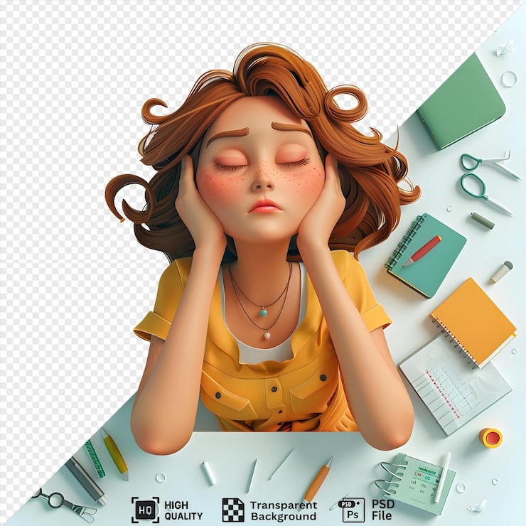 Girl Relaxing on Desk with Art Supplies on Transparent PSD No Free Asset Included