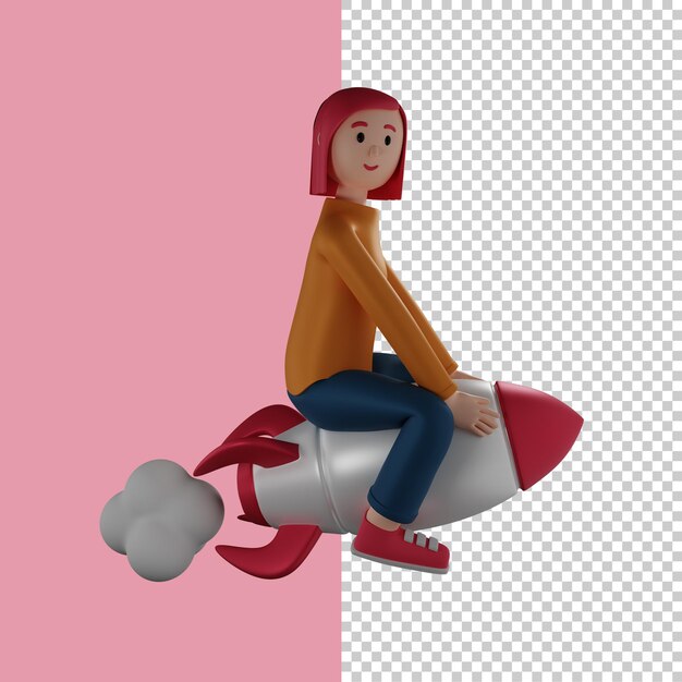 PSD girl ride a rocket 3d render 3d character