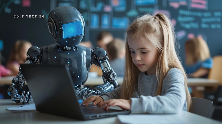 PSD girl and robot using laptop in classroom 1