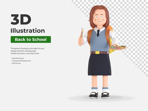 Girl school student holding color palette board and brush 3d cartoon illustration