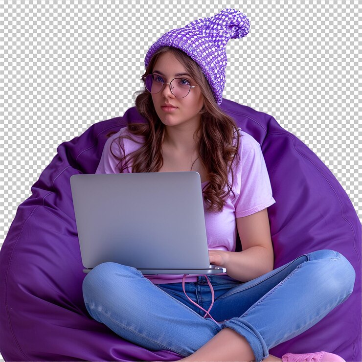 PSD a girl sits on a purple blanket with a laptop on her lap
