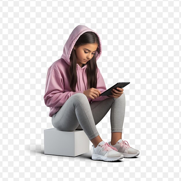 PSD a girl sitting on a box with a tablet in front of her