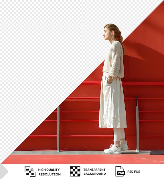 PSD girl standing near railing looking to side with a red wall in the background and a white shoe visible on her left foot and her brown long hair flowing in the breeze png psd