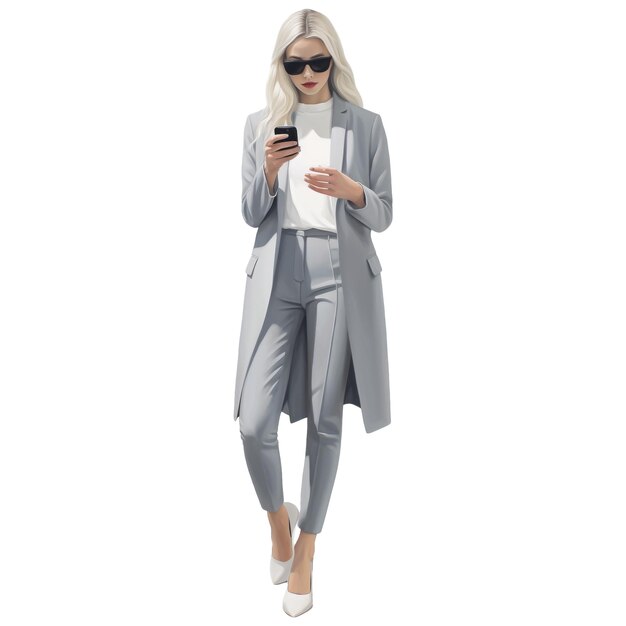 PSD girl in stylish grey outfit on transparent background