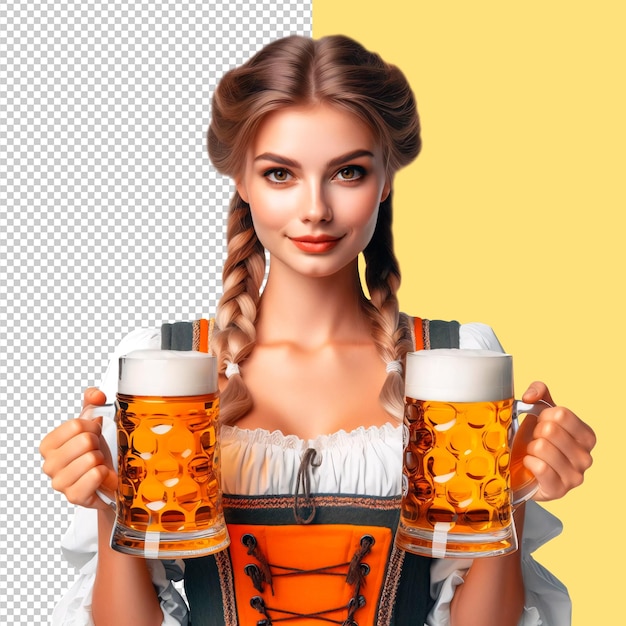 PSD girl in traditional festival dress holding two mugs of beer in her hands