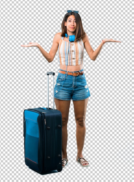 PSD girl traveling with her suitcase having doubts and with confuse face expression while rais