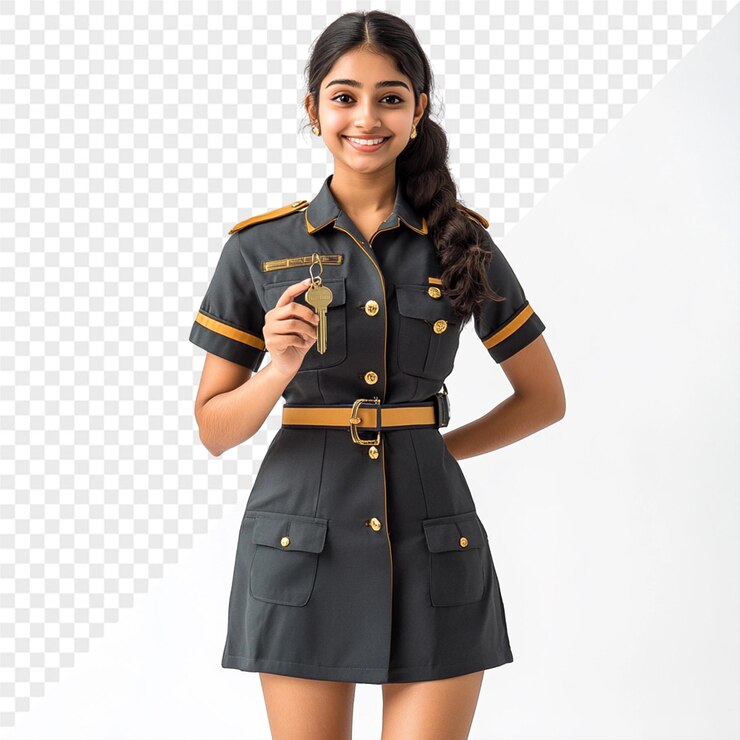 PSD a girl in a uniform with a gold belt and a black belt with a gold buckle