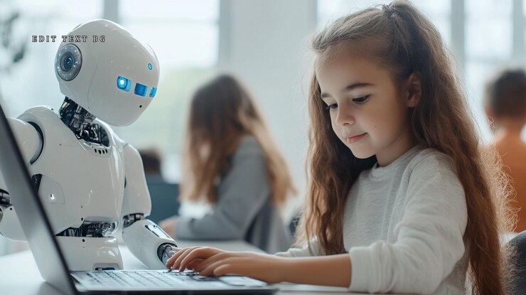 PSD girl using laptop with robot in classroom