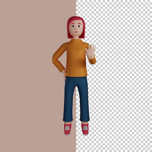 PSD girl waving hand saying hi illustration 3d people illustration say goodby