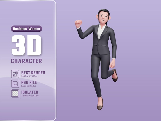 Girl wear formal clothes jumping in the air celebrating 3d render business woman character illustration