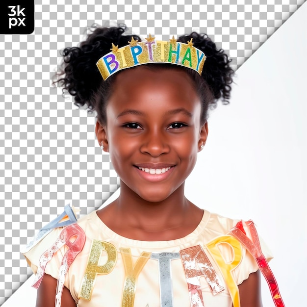 A girl wearing a birthday hat with the word empty on it