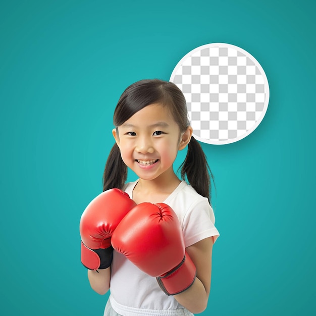 PSD girl wearing red boxing gloves against white background