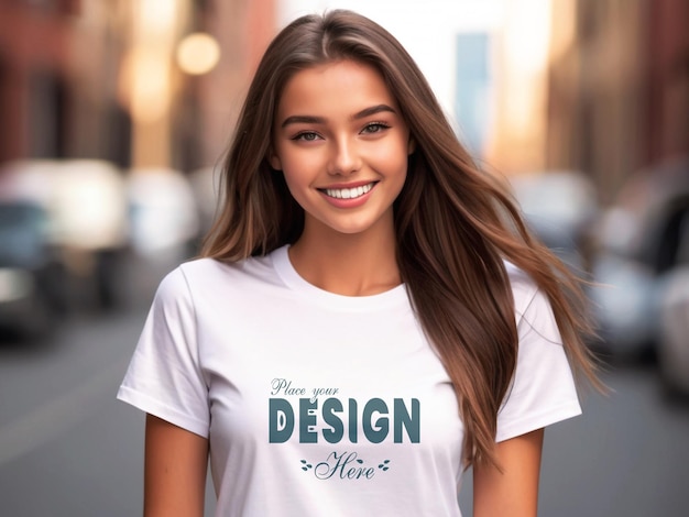 PSD a girl wearing a white tshirt mockup with a standing city background