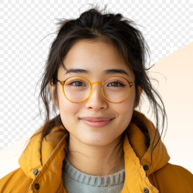 a girl wearing yellow glasses and a yellow jacket with a smile on her face