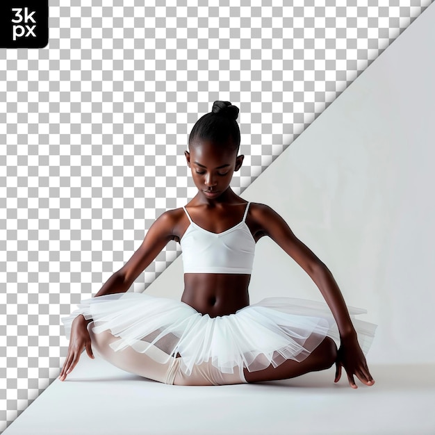 A girl in a white skirt is practicing yoga