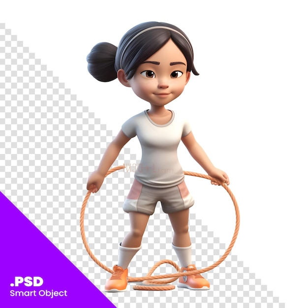 PSD 白い背景にロープを持つ女の子の3dレンダリングpsdテンプレート