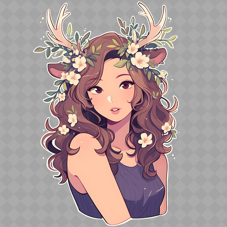 PSD a girl with antlers on her head is holding a deer head
