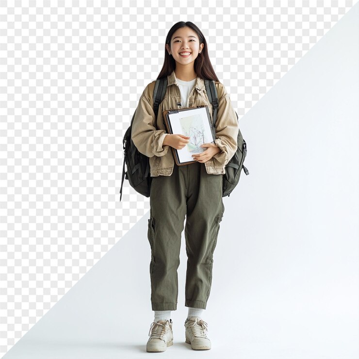 PSD 어깨에 배과 책을 들고 있는 소녀