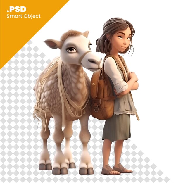 PSD girl with a backpack and a donkey. isolated on white background. psd template