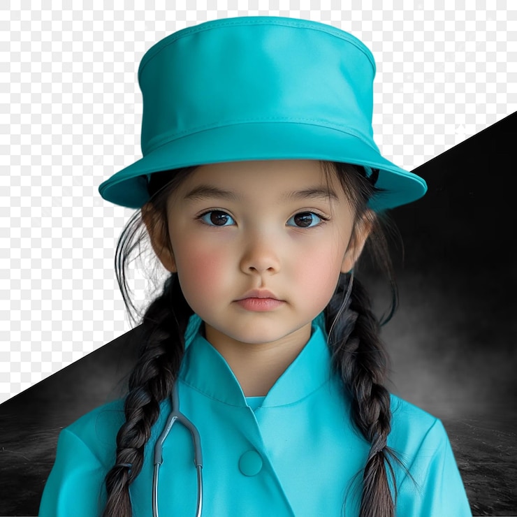PSD 一個穿著藍色服裝,戴著帽子的女孩,上面寫著一個小女孩